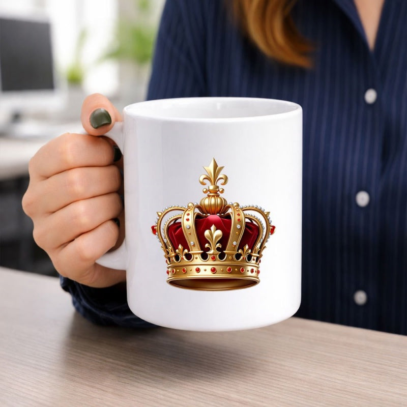 Tailorly White Ceramic 11 oz Mug - Ornate Royal Golden Imperial Design With Majestic Red Velvet Fleur De Lis Crown