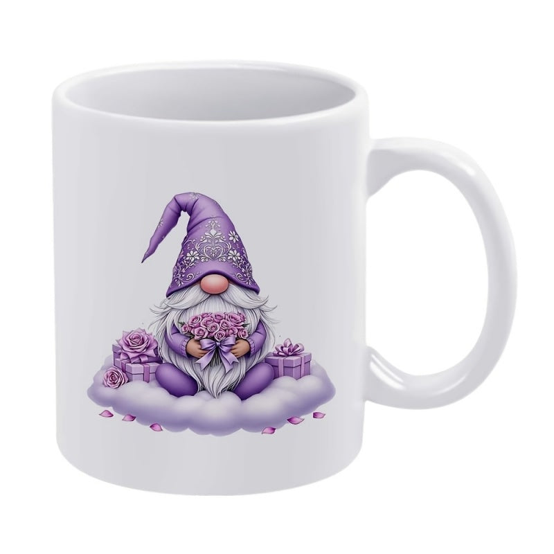 Tailorly White Ceramic 11 oz Mug - Purple Pointed Hat Holding Flowers Sitting On Soft White Fluffy Cloud Gnome