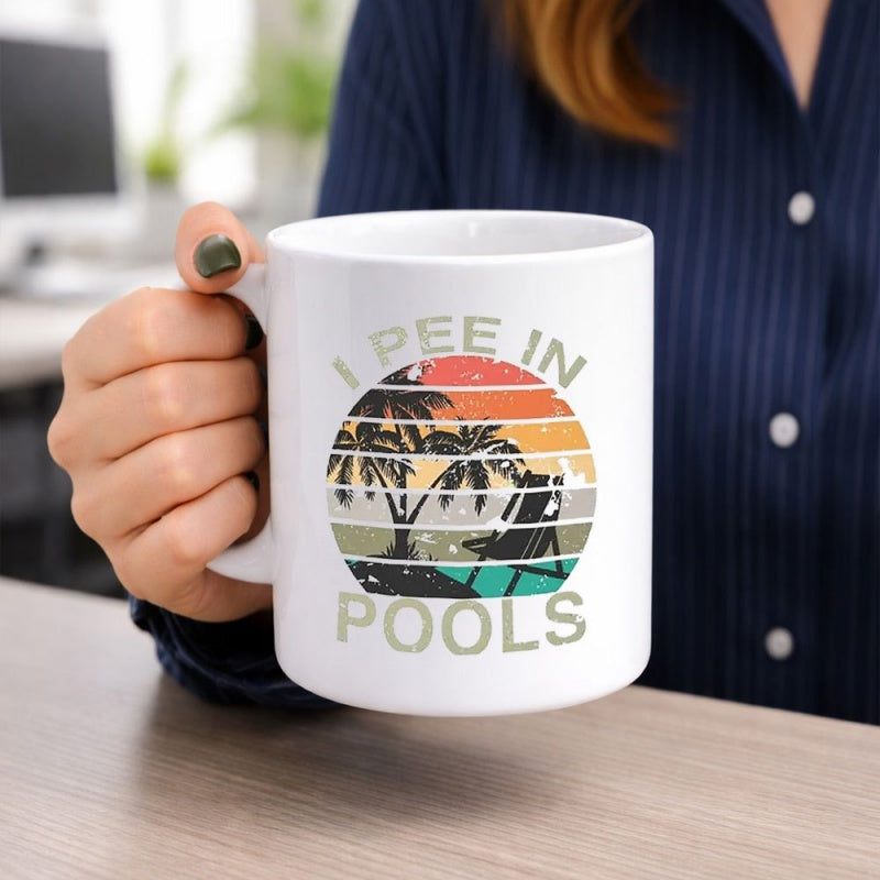 Tailorly White Ceramic 11 oz Mug - I Pee In Pools Vibrant Retro Circular Striped Sky Featuring Tropical Silhouetted Palm Trees Sunset