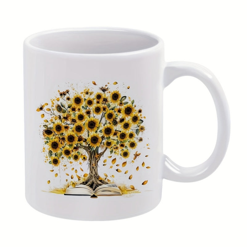 Tailorly White Ceramic 11 oz Mug - Vibrant Sunflowers Blooming From An Open Book With Golden Falling Leaves Tree