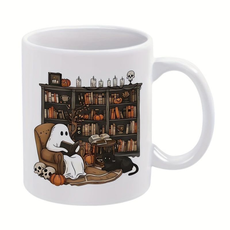 Tailorly White Ceramic 11 oz Mug - Cozy Autumn Library Scene With Pumpkins And A Black Cat Reading Ghost