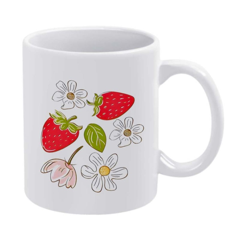 Tailorly White Ceramic 11 oz Mug - Hand Drawn Botanical Elements Featuring Sweet Red Fruits And White Daisy Strawberry