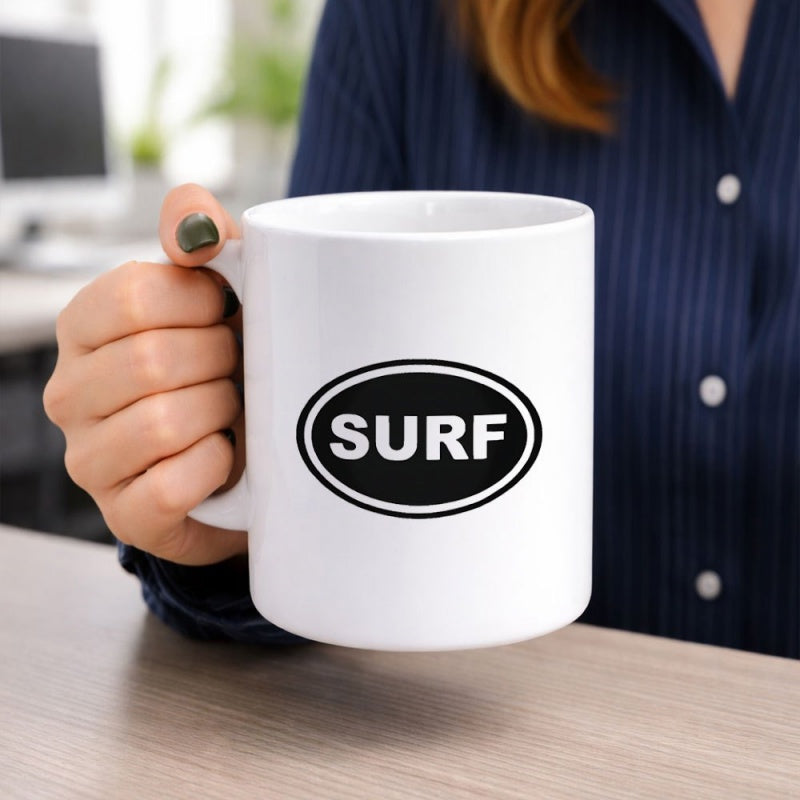 Tailorly White Ceramic 11 oz Mug - Surf Minimalist Bold Black Oval Emblem Centered On Pure White Porcelain Mug