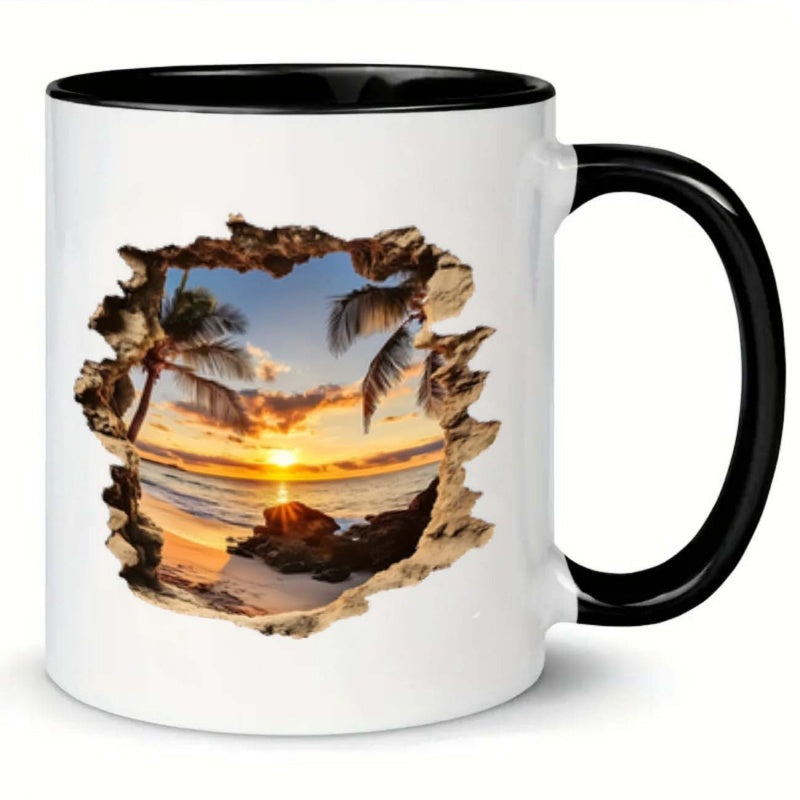 Tailorly Black Accent 11 oz Mug - beach scene sunset palm trees