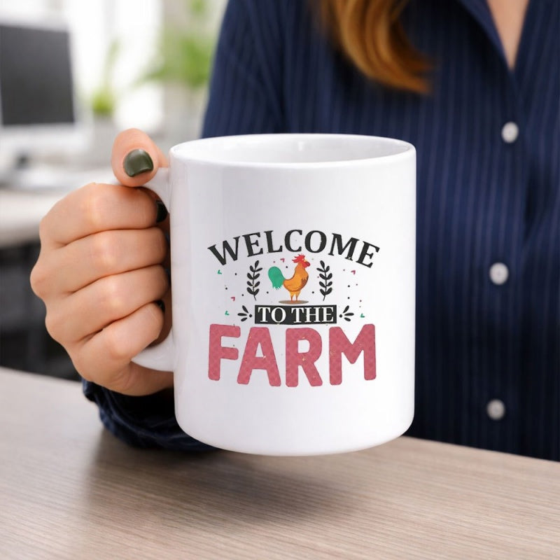 Tailorly White Ceramic 11 oz Mug - Welcome To The Farm Colorful Rooster Standing Between Rustic Wheat Branches In Countryside Style Rooster