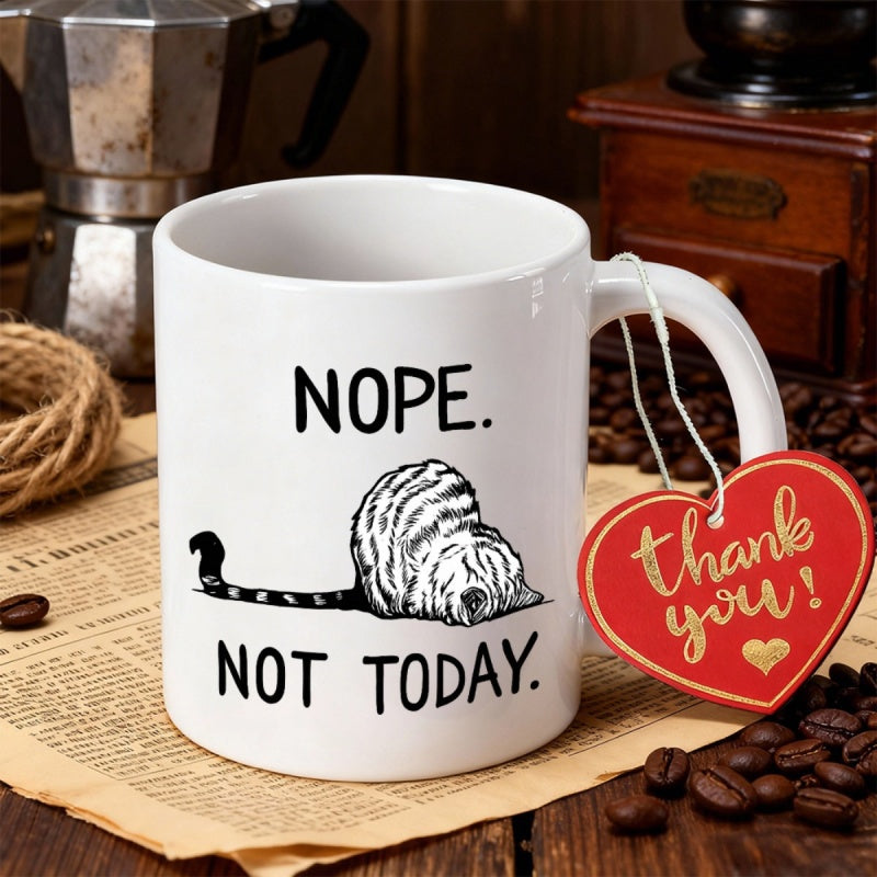 Tailorly White Ceramic 11 oz Mug - Nope Not Today Minimalist Hand Drawn Lazy Curled Cat Lying In Sleeping Pose Cat