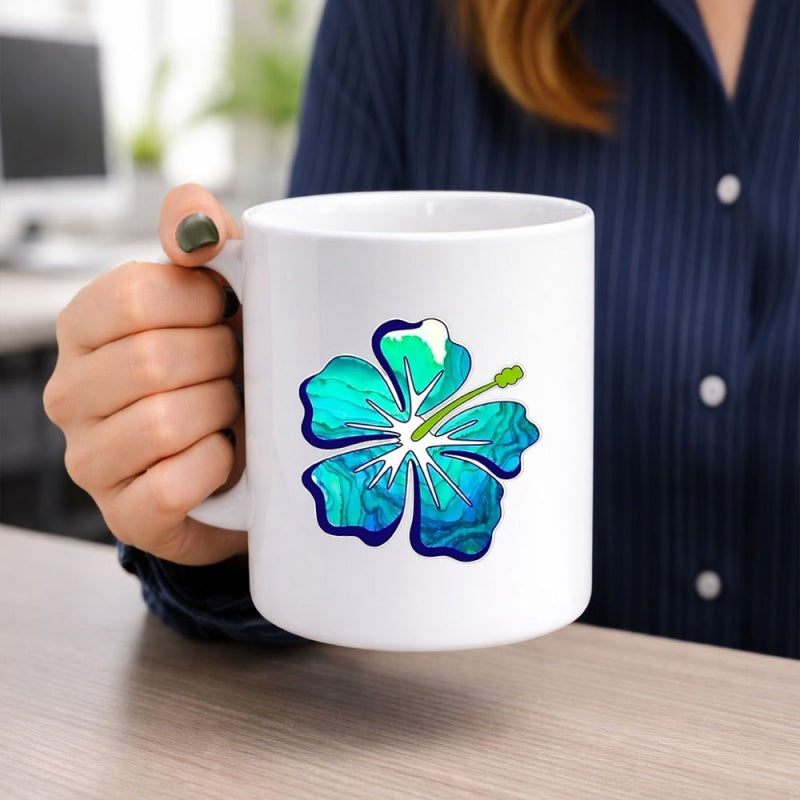 Tailorly White Ceramic 11 oz Mug - Artistic Tropical Bloom Featuring Vibrant Blue And Green Layers Within A Stylized Flower