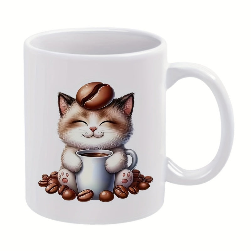 Tailorly White Ceramic 11 oz Mug - Cute Fluffy Kitten Holding Coffee Cup Among Scattered Brown Coffee Beans Cat