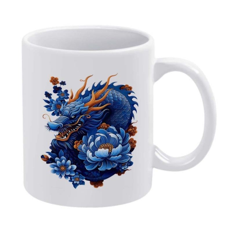 Tailorly White Ceramic 11 oz Mug - Majestic Blue Oriental Mythical Creature Among Blooming Peony Flowers Silk Style Dragon