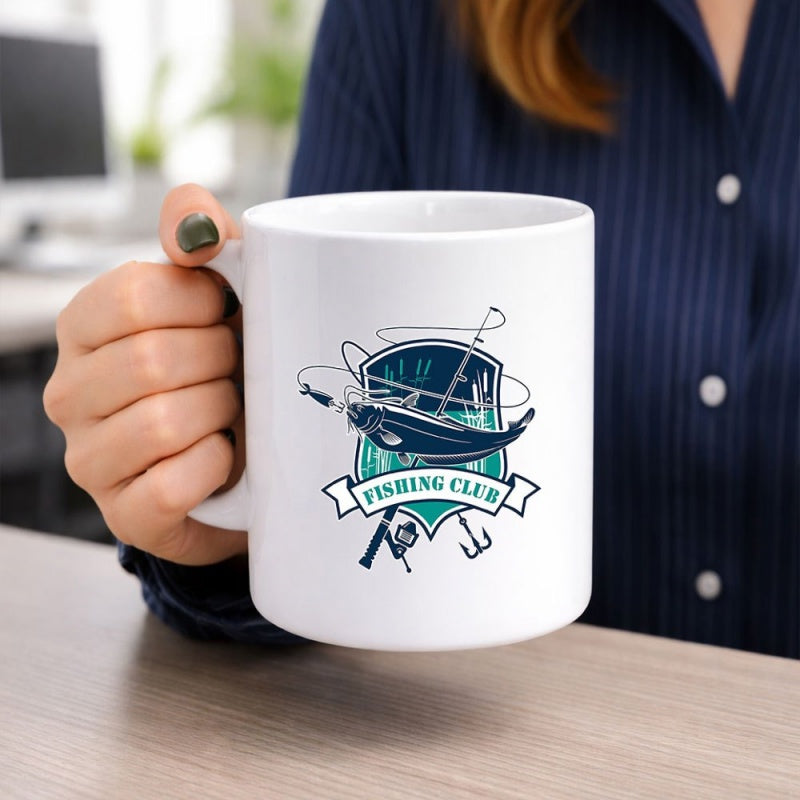 Tailorly White Ceramic 11 oz Mug - Fishing Club Vintage Crest Featuring A Jumping Fish With Hook And Rod Graphic