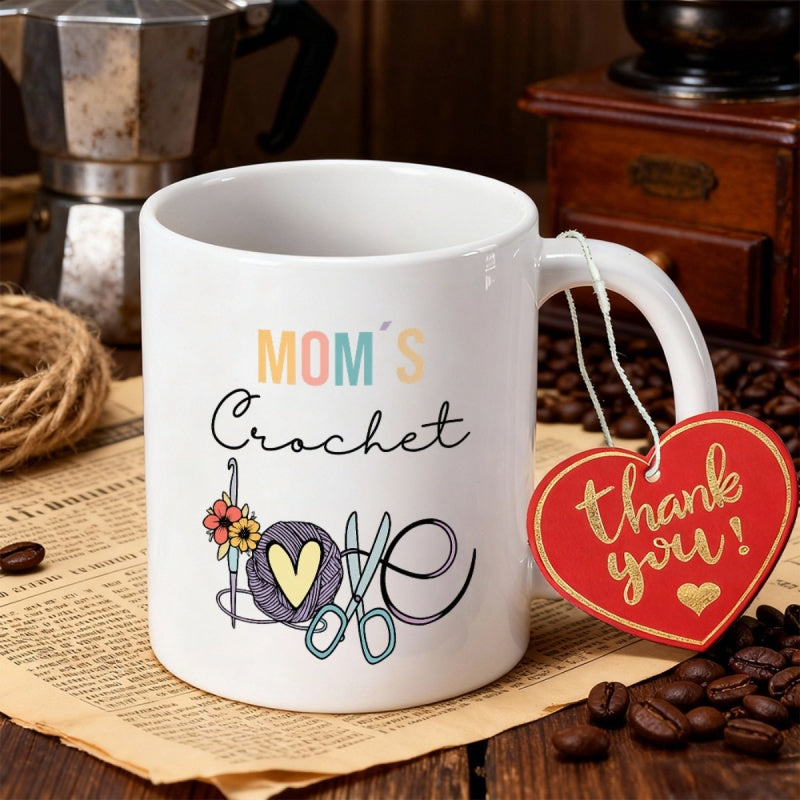Tailorly White Ceramic 11 oz Mug - Moms Crochet Love Artistic Hand Drawn Elements With Yarn Balls And Sewing Scissors Heart