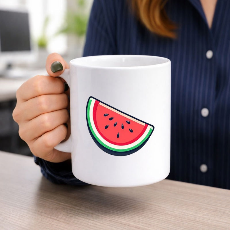 Tailorly White Ceramic 11 oz Mug - Vibrant Red Fruit Slice With Black Seeds And Green Rind Watermelon