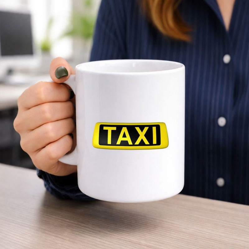 Tailorly White Ceramic 11 oz Mug - Taxi Bright Yellow Transportation Plate With Bold Black Lettering Sign