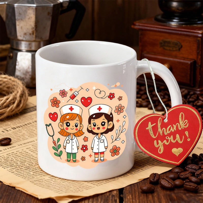 Tailorly White Ceramic 11 oz Mug - Thank You Two Adorable Cartoon Nurses Standing Among Medical Icons And Hearts Nurse