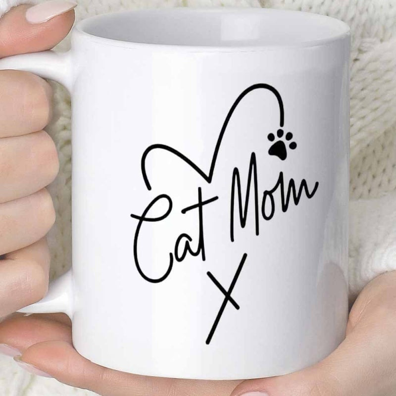 Tailorly White Ceramic 11 oz Mug - Cat Mom X Minimalist Heart Line Drawing With Delicate Black Paw Print Cat