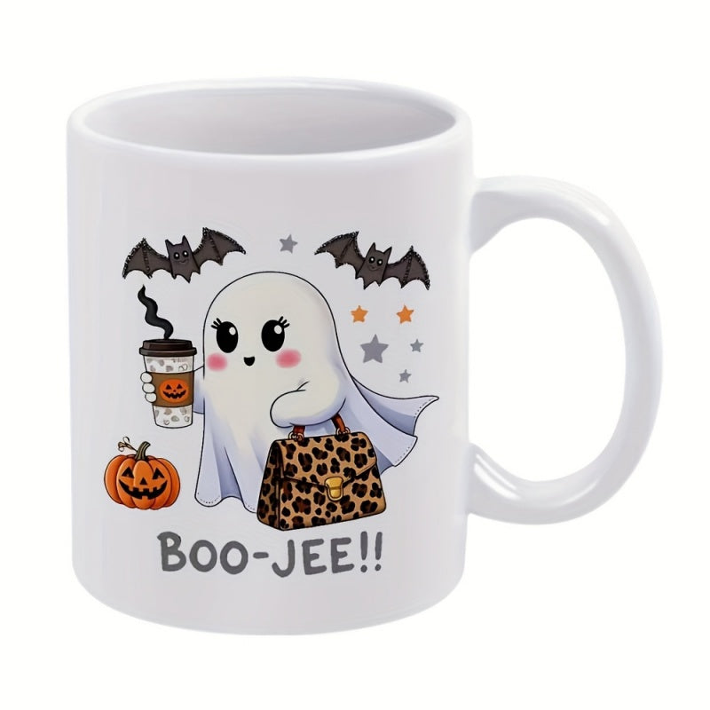 Tailorly White Ceramic 11 oz Mug - Boo Jee Cute Little Ghost Carrying Leopard Print Handbag And Pumpkin Coffee Ghost