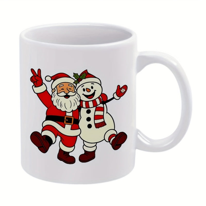 Tailorly White Ceramic 11 oz Mug - Festive Jolly Santa Hugging Friendly Smiling Snowman Surrounded By Holiday Spirit Santa Claus