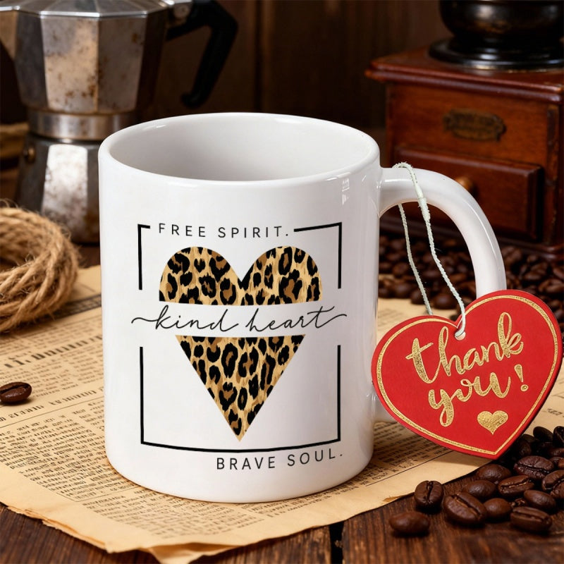 Tailorly White Ceramic 11 oz Mug - Free Spirit Kind Heart Brave Soul Thank You Leopard Print Textures Nested Inside A Minimalist Geometric Frame Design Heart