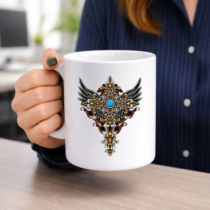 Tailorly White Ceramic 11 oz Mug - Intricate Ornate Gold Filigree With Majestic Black Wings And Central Blue Gemstone Cross