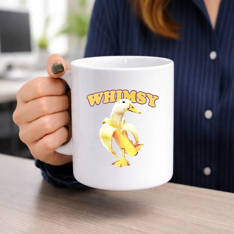Tailorly White Ceramic 11 oz Mug - Whimsy Cute Creative Peeled Yellow Banana Merged With A Small Standing Duck