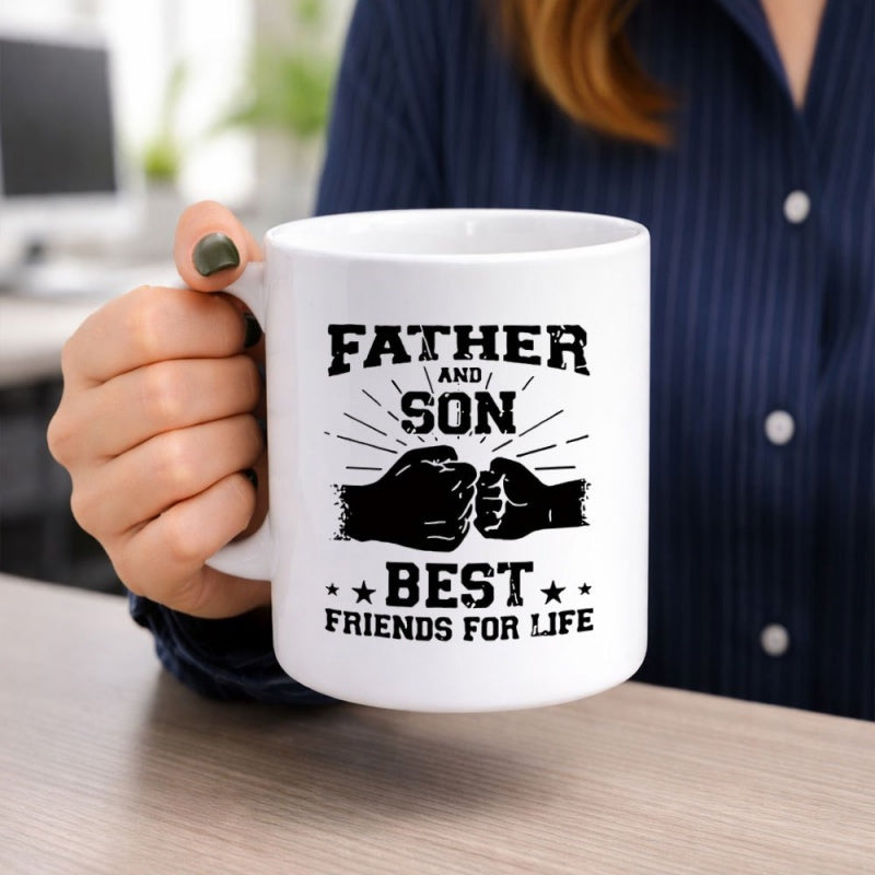 Tailorly White Ceramic 11 oz Mug - Father And Son Best Friends For Life Minimalist Bold Silhouette Featuring Two Different Sized Hands Fist Bump