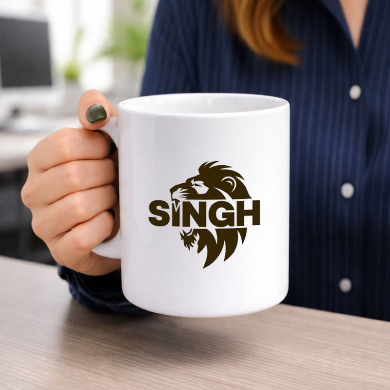 Tailorly White Ceramic 11 oz Mug - Singh Majestic Lion Head Profile With Bold Block Lettering Silhouette Lion
