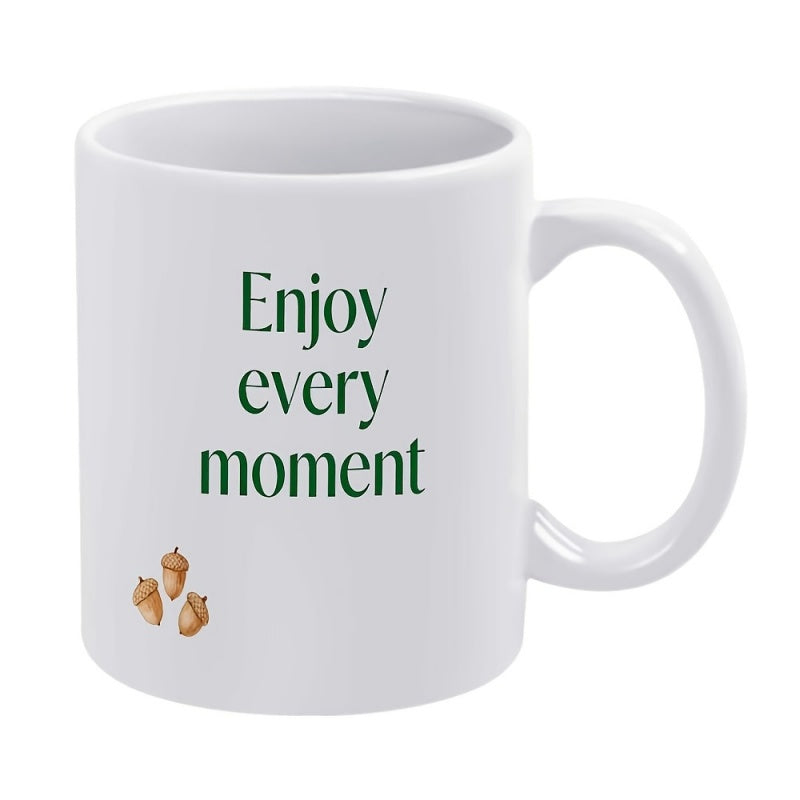 Tailorly White Ceramic 11 oz Mug - Enjoy Every Moment Three Small Earthy Brown Forest Seeds Arranged In Minimalist Clusters Acorn