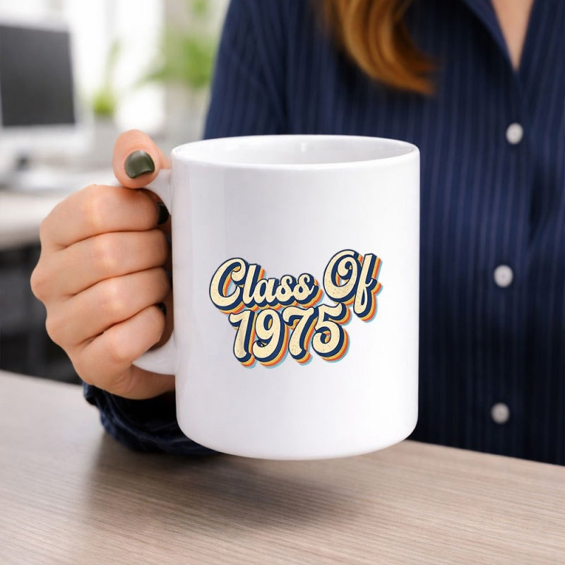 Tailorly White Ceramic 11 oz Mug - Class Of 1975 Retro Styled Typography Featuring A Vintage Color Palette With Layered Outlines Lettering