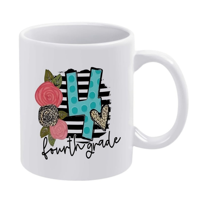Tailorly White Ceramic 11 oz Mug - Fourth Grade Vibrant Teal Polka Dot Four Surrounded By Flowers And Leopard Heart Mug