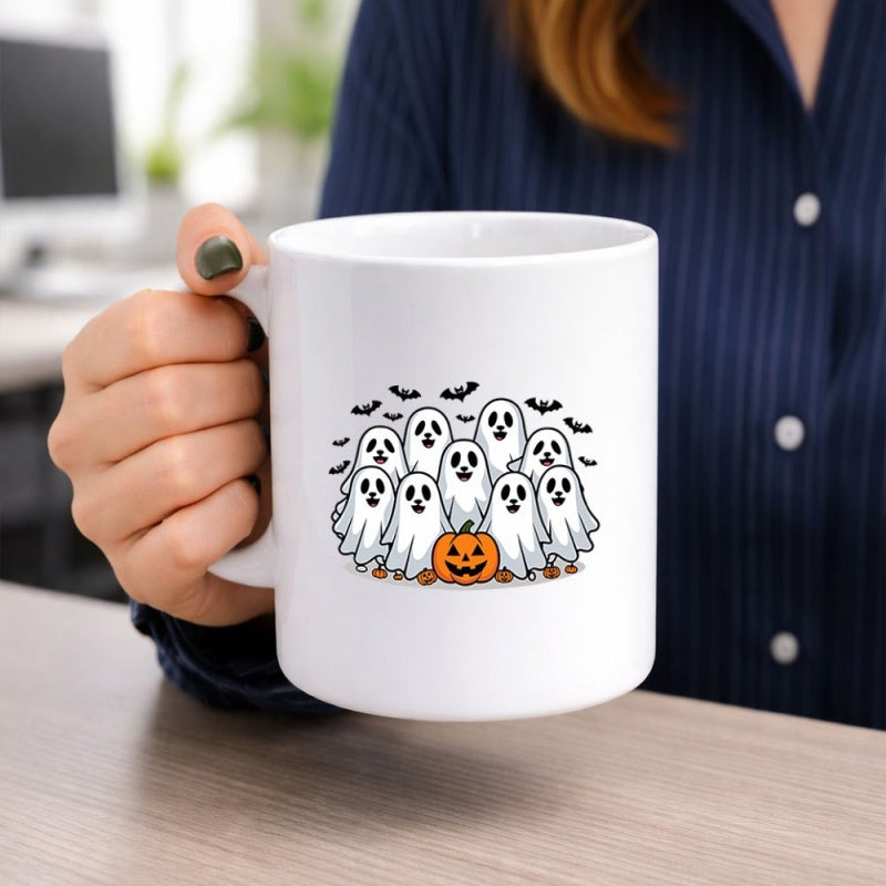 Tailorly White Ceramic 11 oz Mug - Cute Little Ghosts And Flying Bats Around A Carved Halloween Pumpkin Ghost