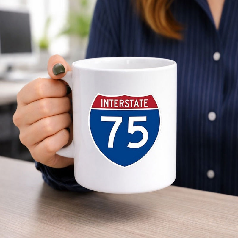 Tailorly White Ceramic 11 oz Mug - Interstate 75 Vintage Metal Style Highway Shield Featuring Blue And Red Colors Sign