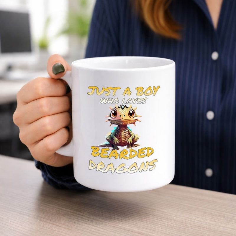 Tailorly White Ceramic 11 oz Mug - Just A Boy Who Loves Bearded Dragons Adorable Small Cartoon Reptile With Big Eyes Sitting Peacefully Under Sunlight Bearded