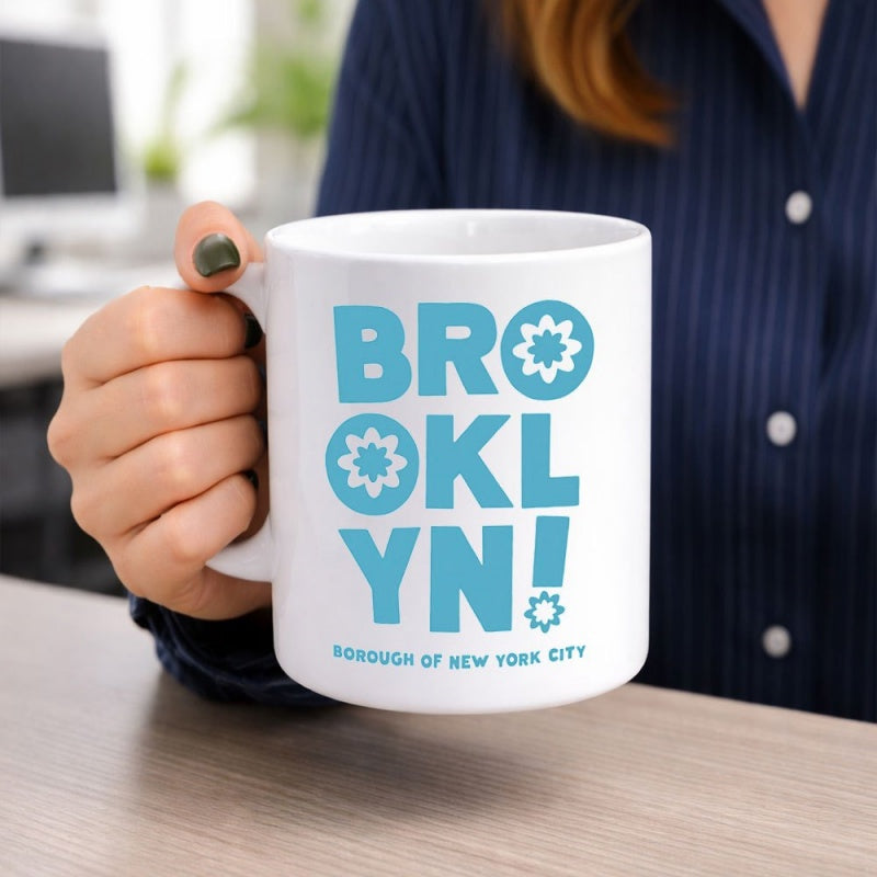 Tailorly White Ceramic 11 oz Mug - Brooklyn Borough Of New York City Modern Blue Stylized Lettering Featuring Unique Geometric Symbols And Bold Characters Brooklyn