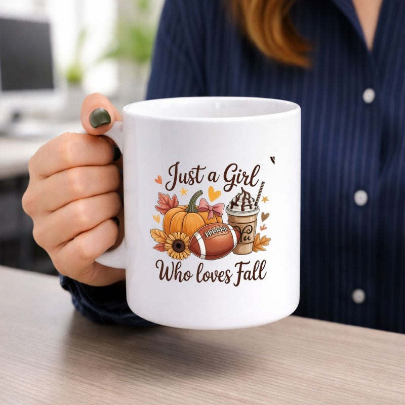 Tailorly White Ceramic 11 oz Mug - Just A Girl Who Loves Fall Vibrant Autumn Elements Featuring Pumpkin Sunflower Football And Coffee Beverage Mug