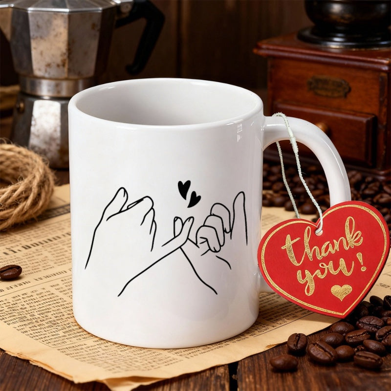 Tailorly White Ceramic 11 oz Mug - Thank You Minimalist Black Line Art Of Two Hands Making A Pinky Promise Mug