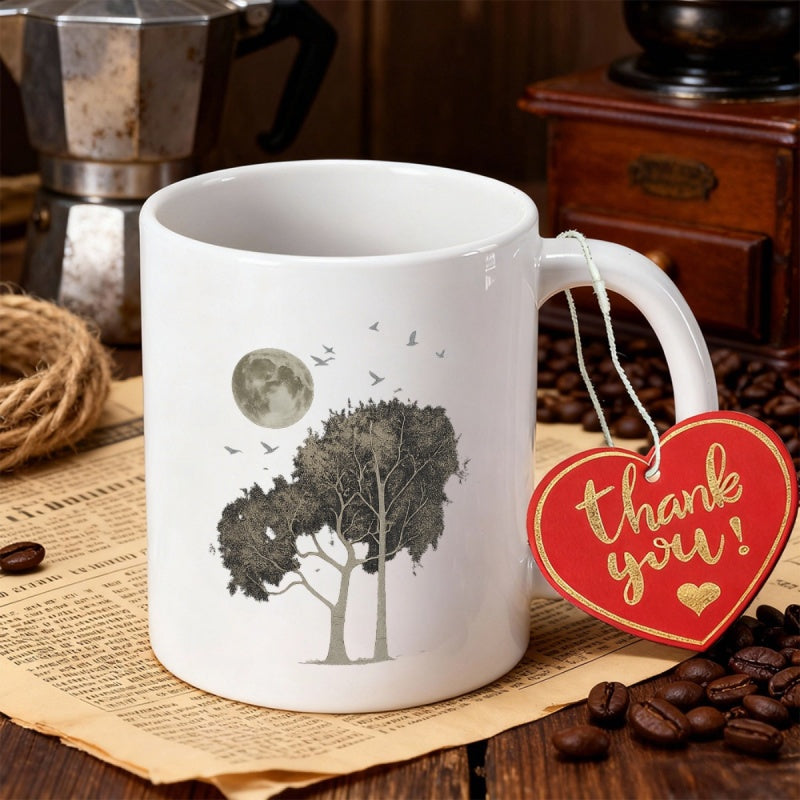 Tailorly White Ceramic 11 oz Mug - Thank You Silhouette Of Trees Under A Full Moon With Flying Birds Tree