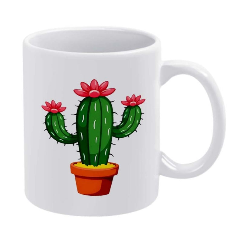 Tailorly White Ceramic 11 oz Mug - Potted Green Succulent With Pink Flowers Blooming In Brown Clay Cactus