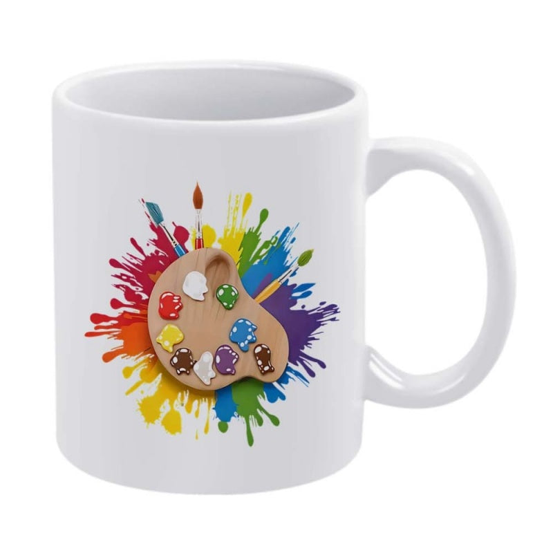 Tailorly White Ceramic 11 oz Mug - Vibrant Multi Colored Ink Splatter Behind A Wooden Artist Palette