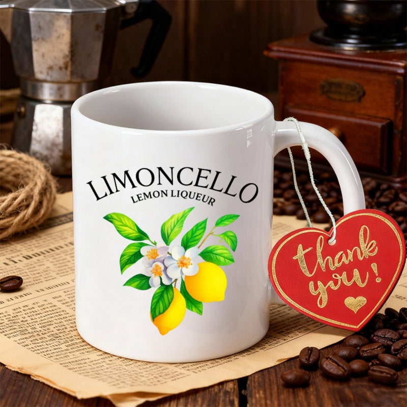 Tailorly White Ceramic 11 oz Mug - Limoncello Lemon Liqueur Vibrant Yellow Citrus Fruits With Green Leaves And White Blossoms Lemon