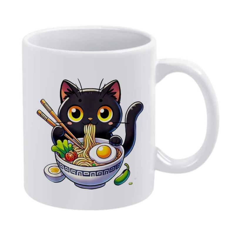 Tailorly White Ceramic 11 oz Mug - Adorable Black Kitten Eating Delicious Japanese Ramen With Wooden Chopsticks Cat