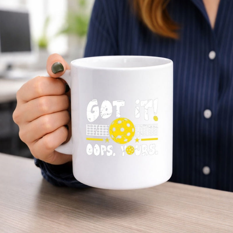 Tailorly White Ceramic 11 oz Mug - Got It Oops Yours Vibrant Yellow Sport Ball With Artistic Net Pattern And Modern Graphic Pickleball
