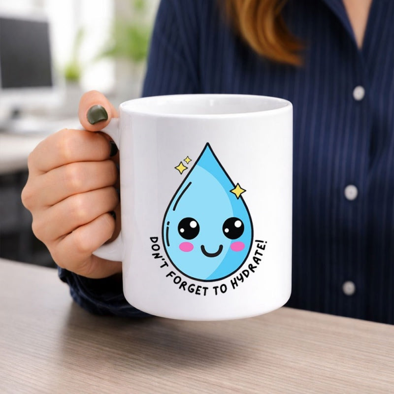 Tailorly White Ceramic 11 oz Mug - Don't Forget To Hydrate Cute Smiling Blue Droplet With Golden Sparkles Waterdrop