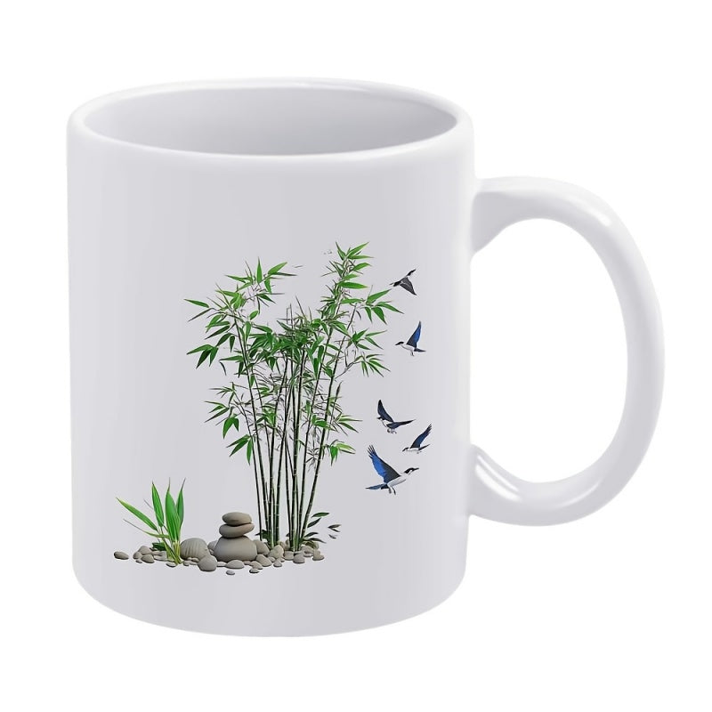 Tailorly White Ceramic 11 oz Mug - Green Leaves With Small Flying Birds Near Zen Stones Bamboo