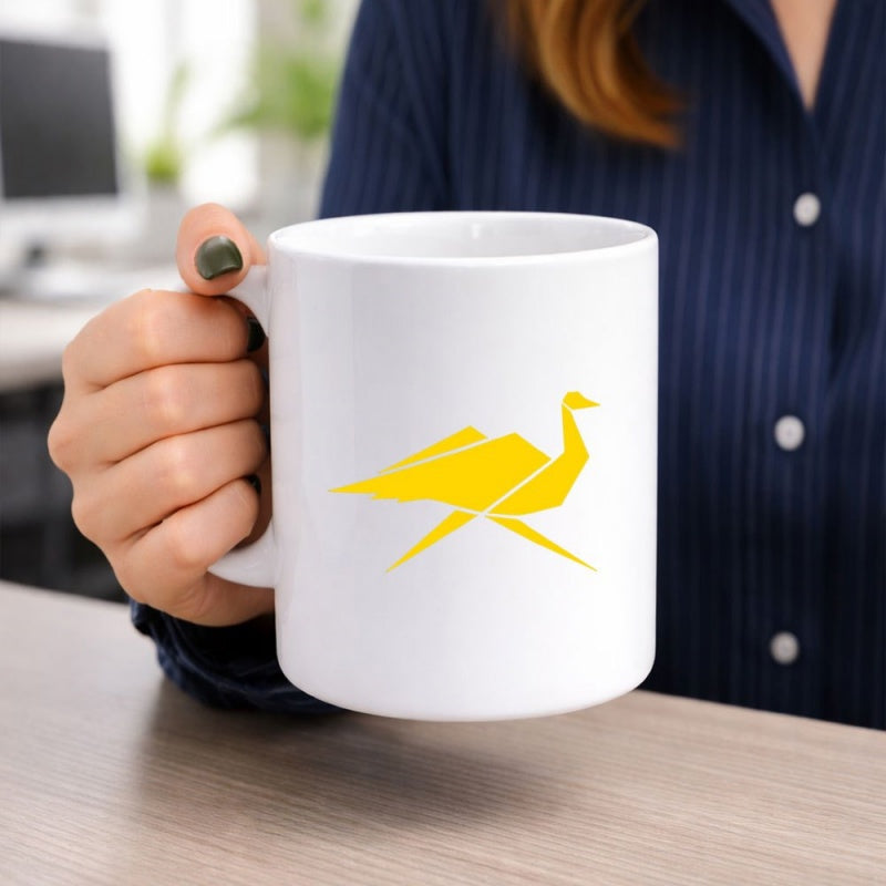 Tailorly White Ceramic 11 oz Mug - Minimalist Yellow Geometric Origami Style Flying Across White Ceramic Bird