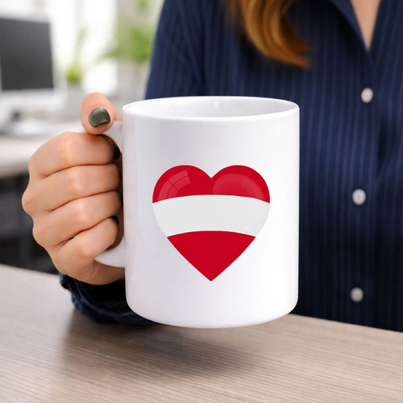 Tailorly White Ceramic 11 oz Mug - Vibrant Red And White Austrian Flag Colors Contained Within A Heart