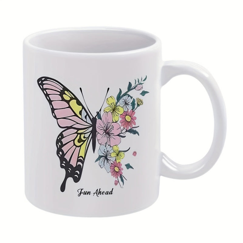 Tailorly White Ceramic 11 oz Mug - Fun Ahead Graceful Wing Composed Of Colorful Flowers Among Delicate Garden Petals Butterfly