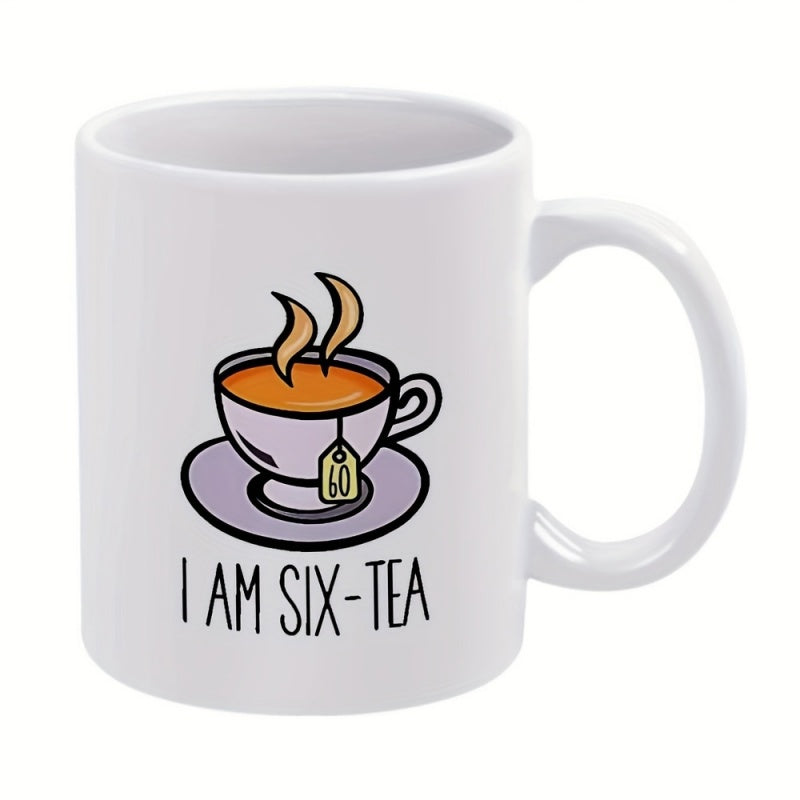 Tailorly White Ceramic 11 oz Mug - I Am Six-Tea Purple Teacup With Steaming Hot Tea And A Small Yellow Bag Teacup