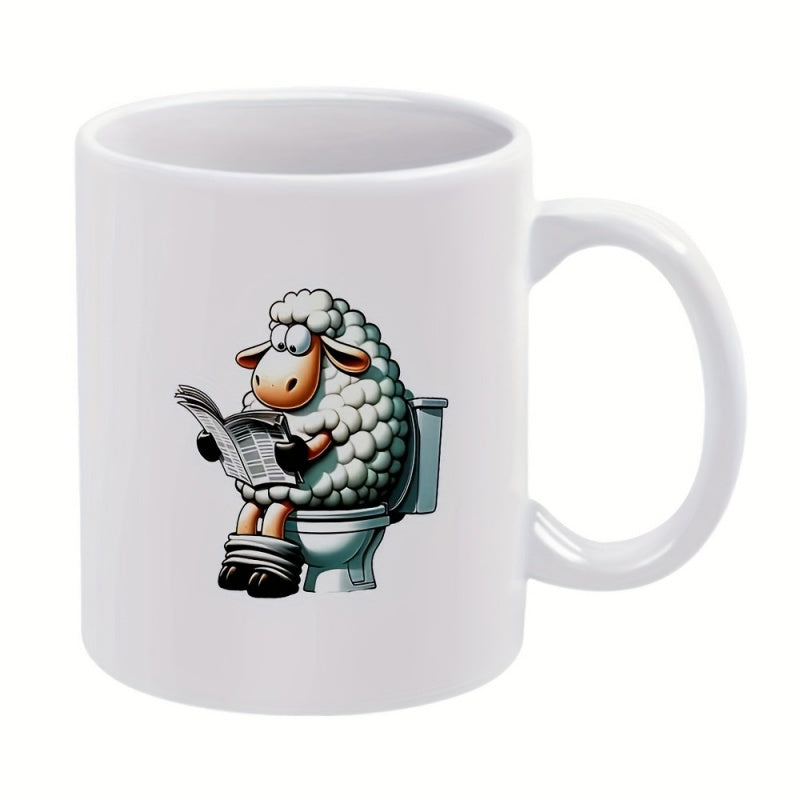 Tailorly White Ceramic 11 oz Mug - Fluffy White Wool Cartoon Animal Sitting On Toilet Reading Newspaper Sheep