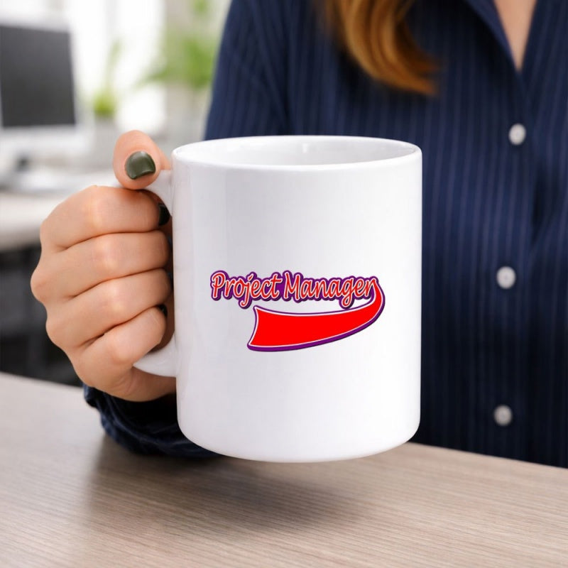 Tailorly White Ceramic 11 oz Mug - Project Manager Vibrant Pink Rounded Letters Sitting Above A Flowing Red Ribbon Decorative Banner Mug