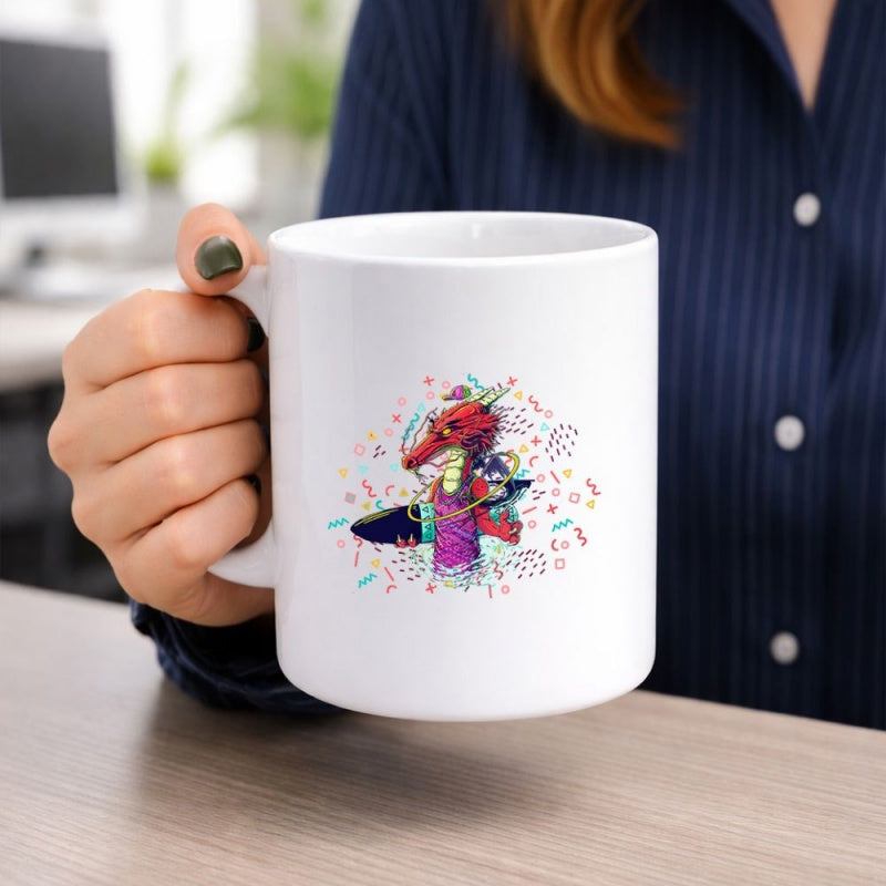 Tailorly White Ceramic 11 oz Mug - Vibrant Red Dragon Surfer Holding Surfboard With Retro Abstract Pattern Elements Dragon